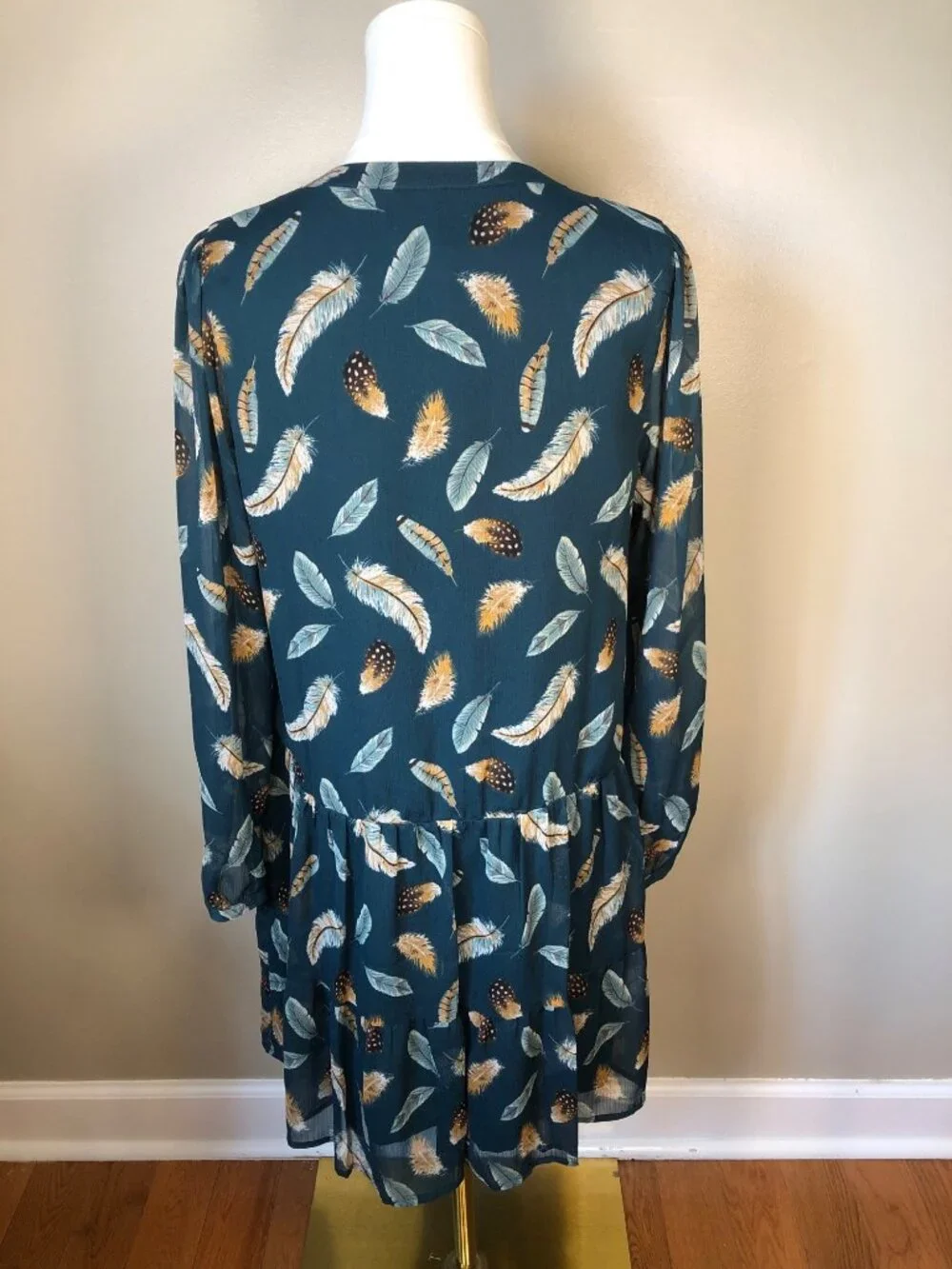 NWT Loft Turquoise Feather Print Drop Waist Dress Sz S Flowy Boho Chic Elegance